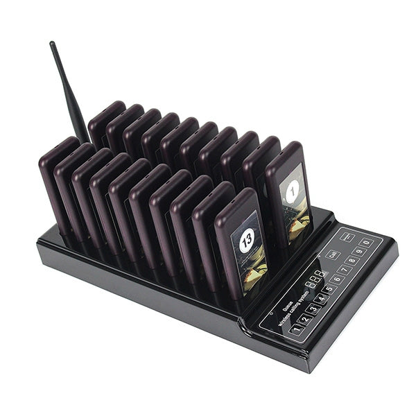 QC100 999 Channel Restaurant Wireless Paging Queuing Calling System with 20 Call Coaster Pagers, EU Plug QC100 999 Channel Restaurant Wireless Paging Queuing Calling System with 20 Call Coaster Pagers, EU Plug